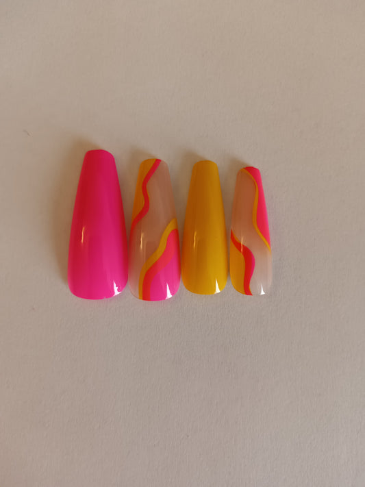 SWIRL DESIGN YELLOW AND PINK PRESS ON NAILS